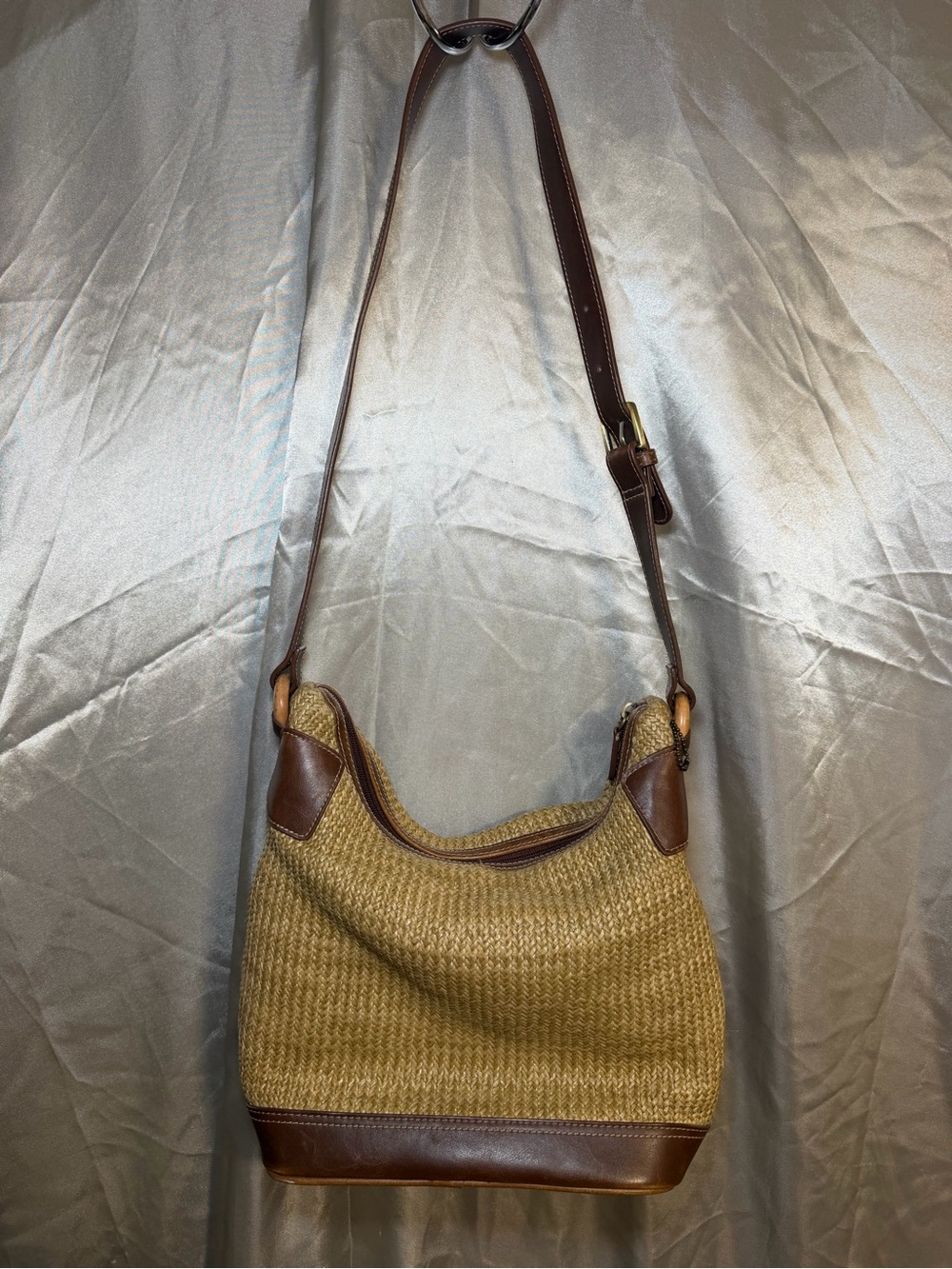 Relic by Fossil Woven Straw Hobo Shoulder Bag Brown Leather Trim Boho Purse